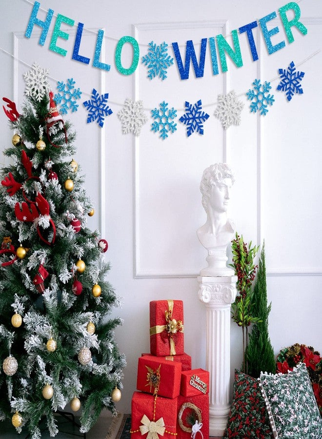 PTFNY Glittery Hello Winter Banner White Blue Snowflake Banner Winter Wonderland Baby Shower Decorations Christmas Winter Holiday Party Decorations - Image 3